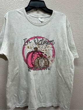 Womens 'In October We Wear Pink' Graphic Tee - Pink Pumpkin Design